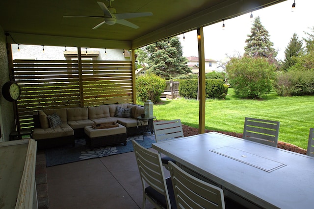 view of patio featuring outdoor dining space, ceiling fan, and an outdoor living space