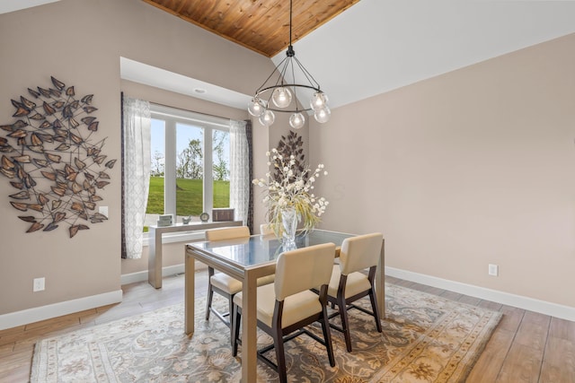 39403 State Route 689, Albany, OH 45710 - dining area featuring baseboards, light wood-type flooring, a chandelier, wooden ceiling, and vaulted ceiling