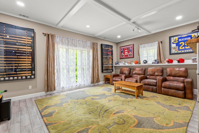 39403 State Route 689, Albany, OH 45710 - living area featuring coffered ceiling, healthy amount of natural light, recessed lighting, baseboards, and beamed ceiling