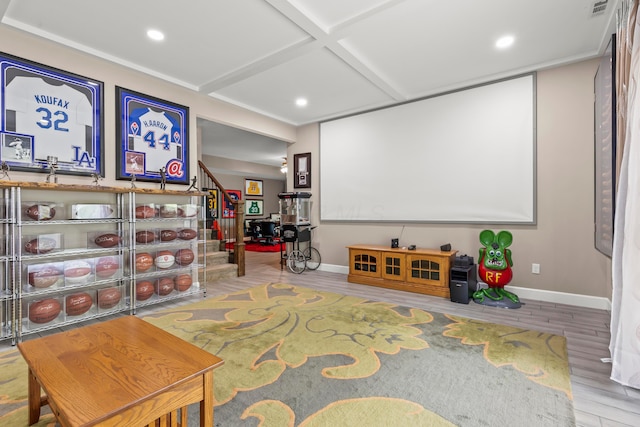 39403 State Route 689, Albany, OH 45710 - home theater room with wood finished floors, baseboards, recessed lighting, and coffered ceiling