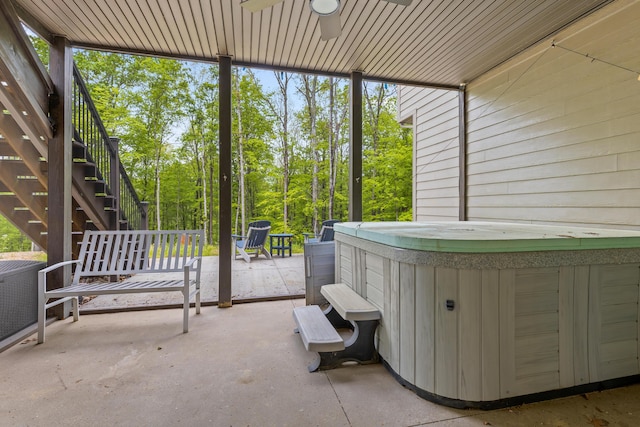 39403 State Route 689, Albany, OH 45710 - sunroom featuring a hot tub and ceiling fan