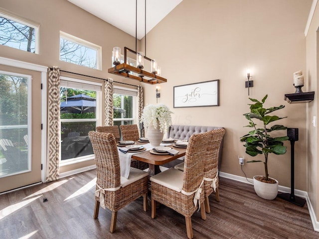 dining area with baseboards, an inviting chandelier, wood finished floors, and a high ceiling