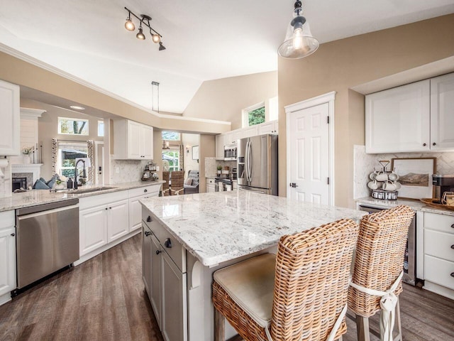 kitchen featuring a breakfast bar area, dark wood-style flooring, a center island, a sink, and stainless steel appliances