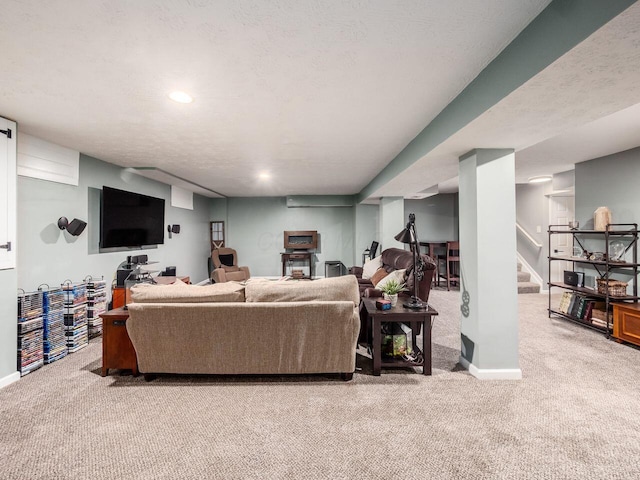living room with recessed lighting, stairway, baseboards, and carpet