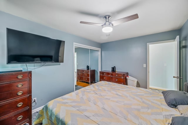 bedroom featuring a closet, a ceiling fan, and baseboards