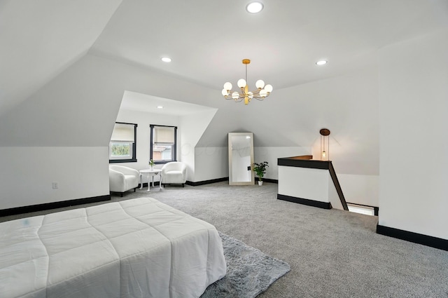 bedroom with carpet floors, baseboards, a notable chandelier, and lofted ceiling