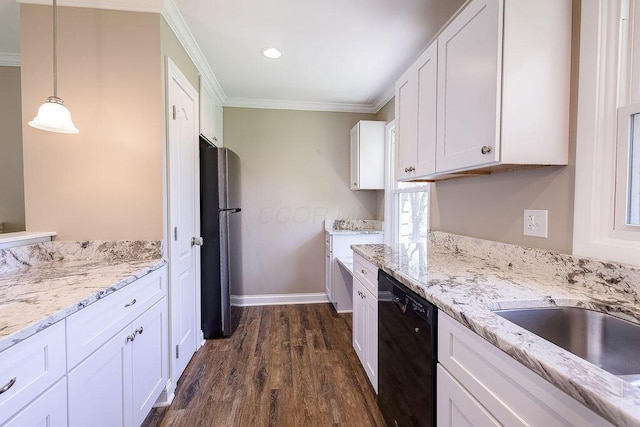 kitchen with dishwasher, white cabinets, freestanding refrigerator, ornamental molding, and dark wood-type flooring