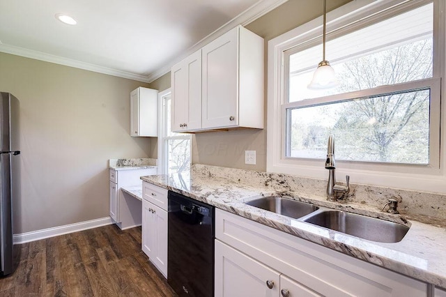 kitchen featuring a sink, plenty of natural light, black dishwasher, and white cabinetry