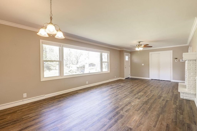 unfurnished living room with baseboards, ornamental molding, ceiling fan with notable chandelier, and dark wood-type flooring