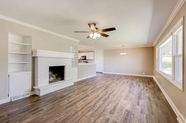 unfurnished living room featuring a ceiling fan, baseboards, visible vents, and dark wood-type flooring