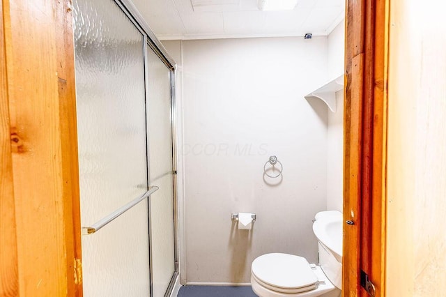 full bathroom featuring a shower stall and toilet