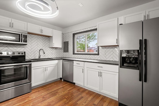 1727 Niagara Rd, Columbus, OH 43227 - kitchen featuring appliances with stainless steel finishes, dark countertops, a sink, backsplash, and white cabinets