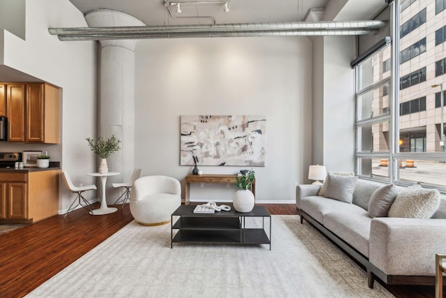 living room with baseboards, wood finished floors, and a towering ceiling