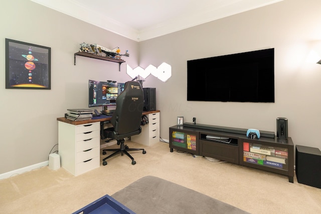 home office with crown molding and carpet floors
