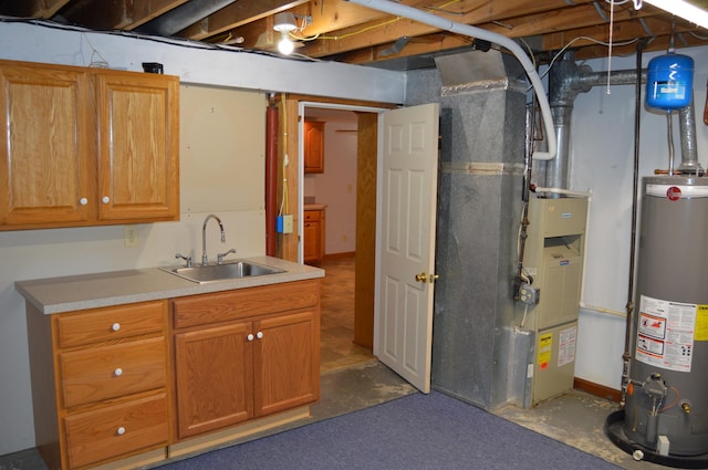 unfinished below grade area featuring heating unit, a sink, and water heater