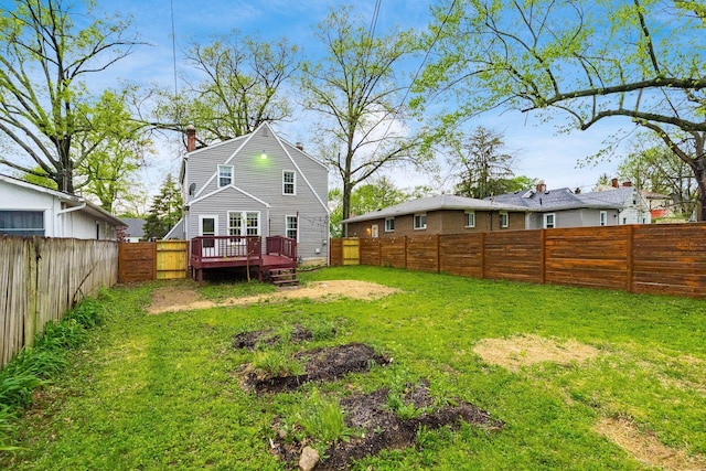 view of yard with a wooden deck and a fenced backyard