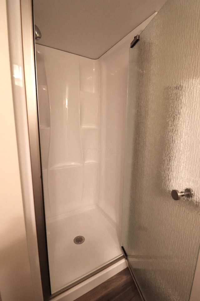 bathroom featuring a shower stall and wood finished floors