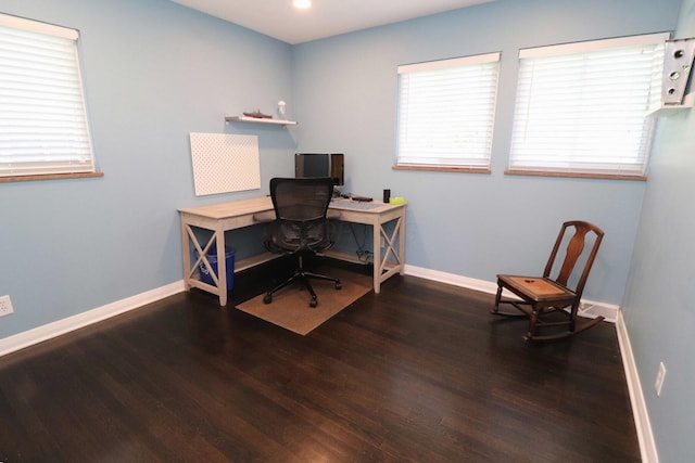 office space featuring baseboards, recessed lighting, and wood finished floors