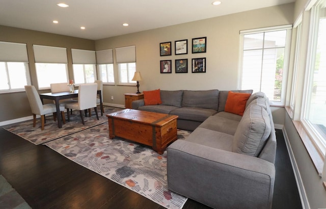 living area featuring recessed lighting, baseboards, and wood finished floors