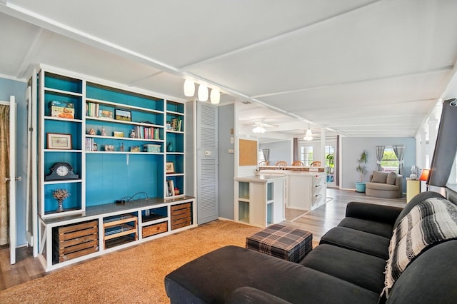 living area featuring a ceiling fan and wood finished floors