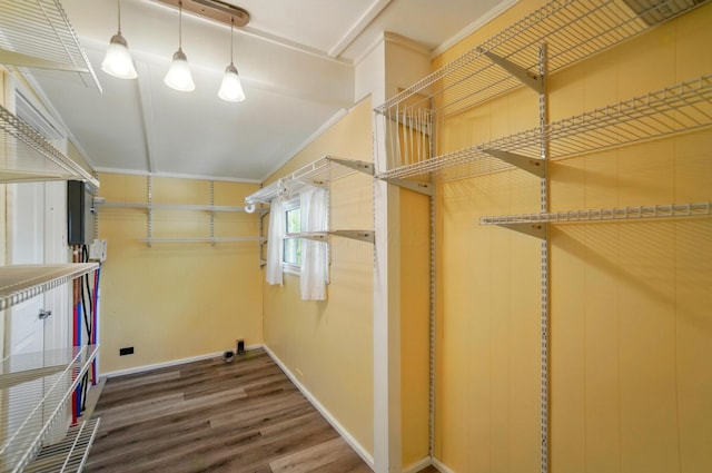 spacious closet featuring lofted ceiling and wood finished floors