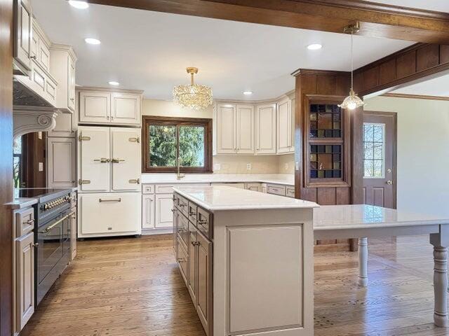 kitchen featuring light countertops, high end appliances, a kitchen island, and wood finished floors