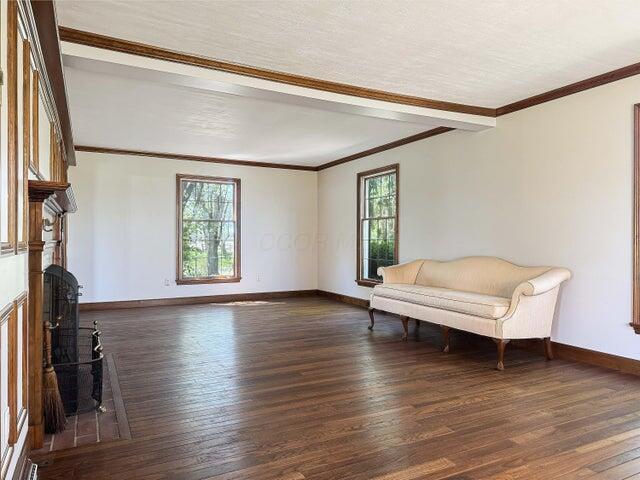 sitting room featuring baseboards, a fireplace, wood finished floors, and a wealth of natural light