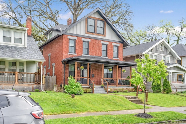 618 Berkeley Rd, Columbus, OH 43205 - view of front of house with a porch, brick siding, a chimney, board and batten siding, and a shingled roof