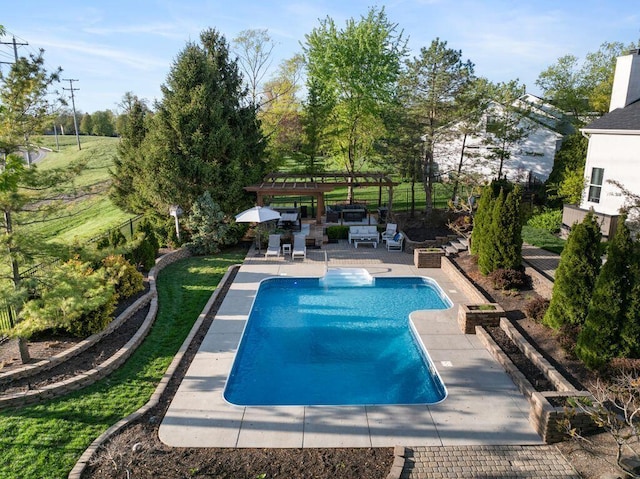 pool with a pergola and a patio