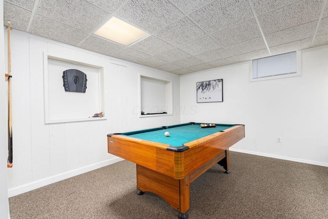 game room featuring baseboards, carpet floors, and pool table