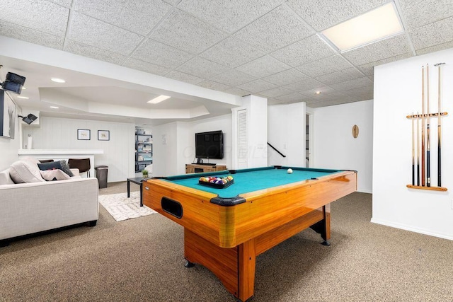 rec room featuring pool table, baseboards, carpet flooring, and a raised ceiling