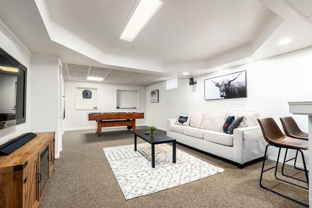 carpeted living area with recessed lighting, billiards, and baseboards