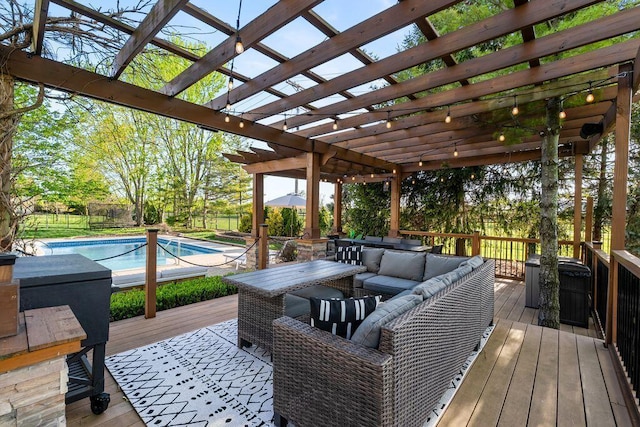 wooden terrace featuring a fenced in pool, a pergola, outdoor dining area, and an outdoor living space