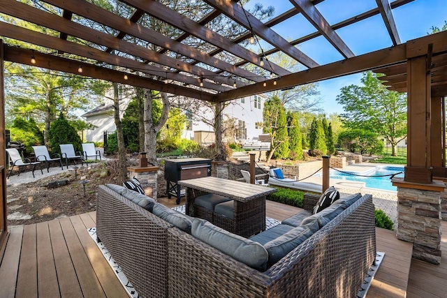 wooden terrace with outdoor dining area, an outdoor pool, and a pergola