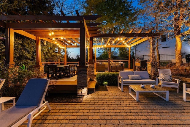 view of patio / terrace featuring fence, a pergola, outdoor dining space, and outdoor lounge area