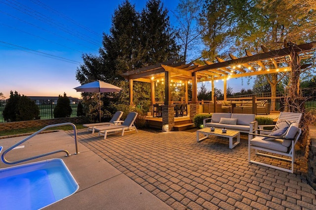 view of swimming pool with a patio area, fence, a pergola, and an outdoor hangout area