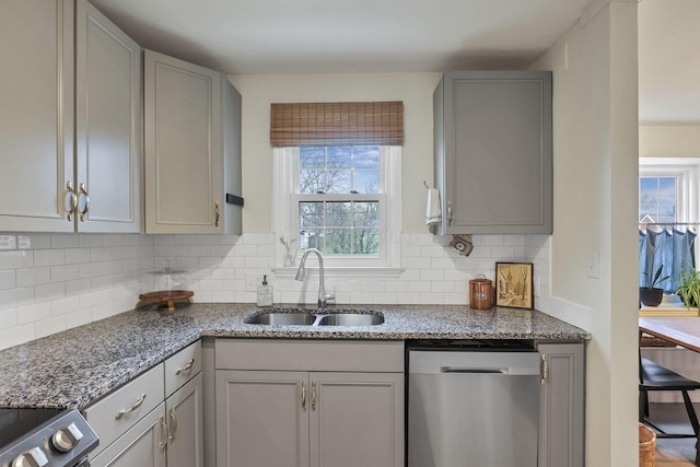 603 S James Rd, Columbus, OH 43213 - kitchen featuring gray cabinets, tasteful backsplash, light stone countertops, dishwasher, and a sink