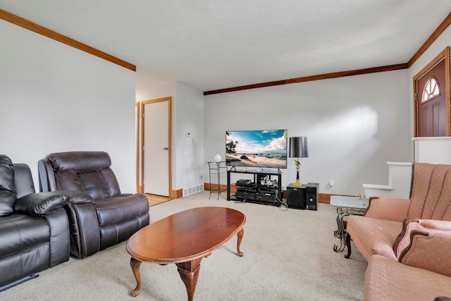 living area with crown molding, carpet, baseboards, and visible vents