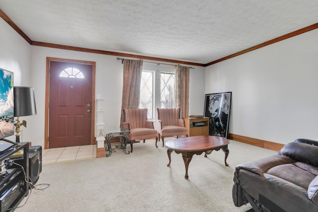living room featuring baseboards, ornamental molding, a textured ceiling, and light carpet
