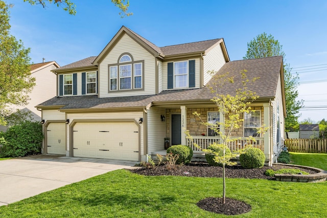 view of front facade with roof with shingles, a front lawn, a garage, a porch, and driveway