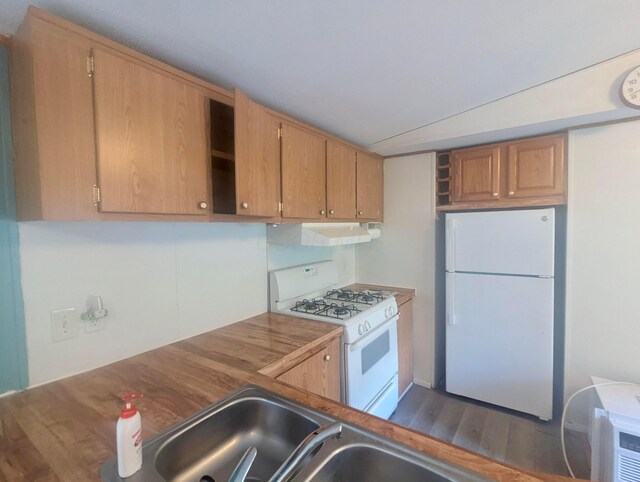 200 Ann St, New Straitsville, OH 43766 - kitchen featuring white appliances, open shelves, under cabinet range hood, a sink, and dark wood-type flooring