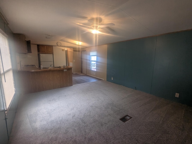 200 Ann St, New Straitsville, OH 43766 - unfurnished living room featuring ceiling fan, carpet floors, a sink, and vaulted ceiling