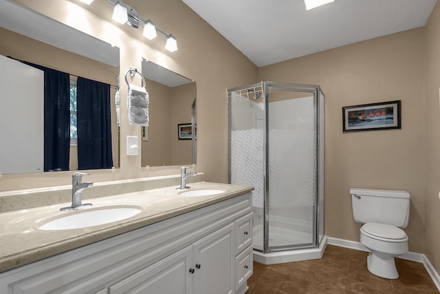5968 Lisa St, Columbus, OH 43231 - bathroom with tile patterned floors, a shower stall, toilet, and double vanity