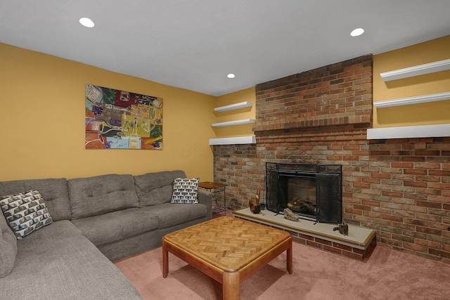 5968 Lisa St, Columbus, OH 43231 - living area with carpet flooring, a brick fireplace, and recessed lighting