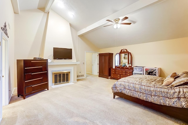 bedroom with light carpet, a fireplace, high vaulted ceiling, a ceiling fan, and beamed ceiling
