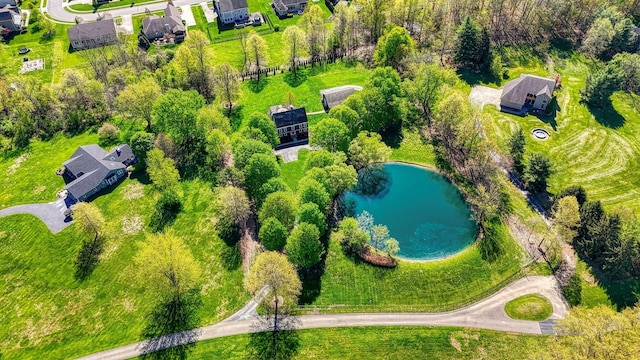 drone / aerial view with a water view