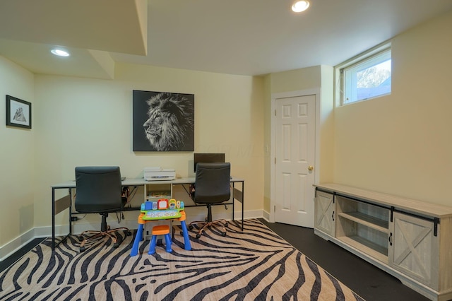 office featuring recessed lighting and baseboards