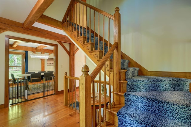 stairway with beam ceiling and hardwood / wood-style flooring
