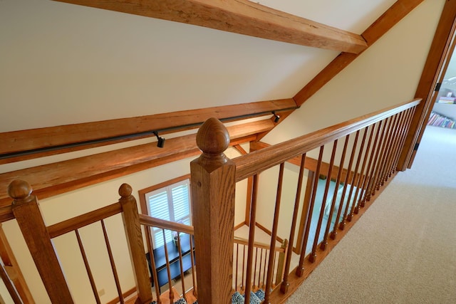 staircase featuring carpet floors and beam ceiling