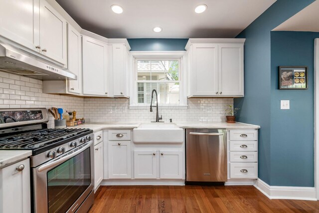 kitchen with a sink, stainless steel appliances, white cabinetry, and under cabinet range hood